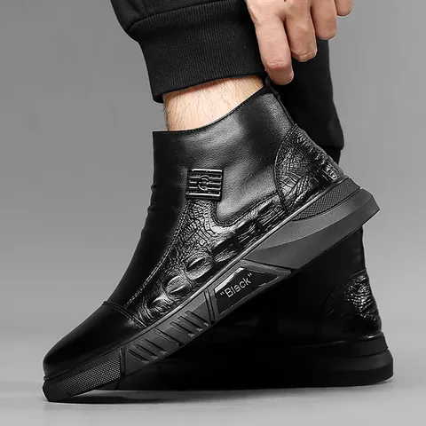 Men Martin Boots Fashion Leather Winter Boots Warm Fleece Lined Non Slip Casual Business Mid Top Boots For Men Black