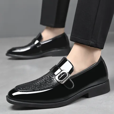 Men Business Formal Shoes Crocodile Embossed Microfiber Leather Monk Strap Loafers British Style Pointed Toe Wedding Shoes