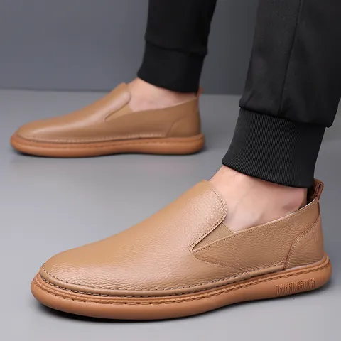 Men's Casual Leather Loafers Slip On Driving Shoes Litchi Grain Cowhide Breathable Soft Sole Non Slip Business Flat Footwear