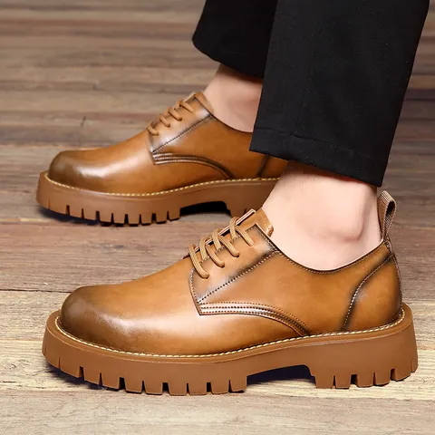 Men's Vintage Grinded Cowhide Martin Boots British Style Thick Lug Sole Casual Derby Shoes Burnished Leather Lace Up