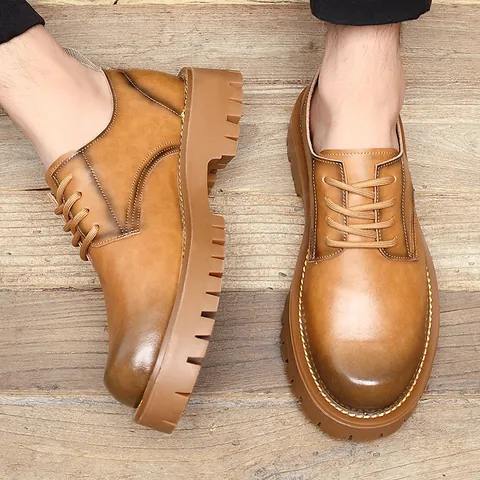 Men's Vintage Grinded Cowhide Martin Boots British Style Thick Lug Sole Casual Derby Shoes Burnished Leather Lace Up