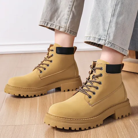 Men's Retro British High Top Martin Boots Warm Fleece Lined Yellow Work Boots Thick Sole Non Slip Fashion Tooling Shoes