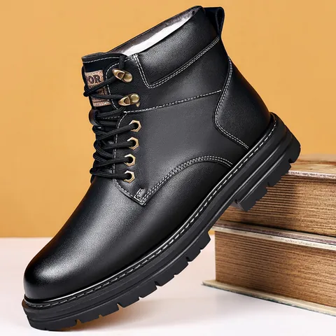 Men's Split Cowhide Leather Martin Boots Wool Lined Waterproof Non-Slip Winter Shoes British Style Warm High Top Boots