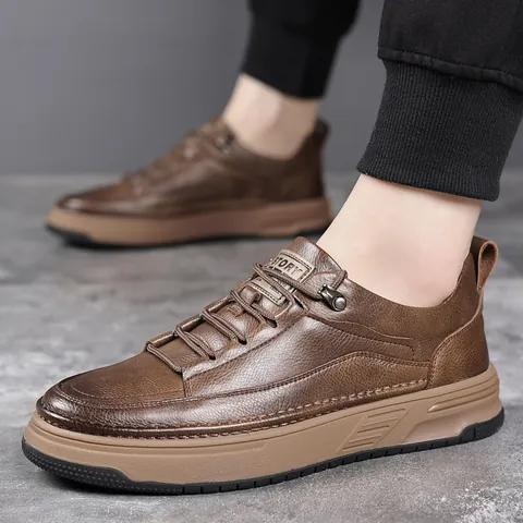 Herren Vintage Casual Workwear Schuhe Rindsleder Low Top Dicke Sohle Atmungsaktiv Britischer Stil Schnürsneaker