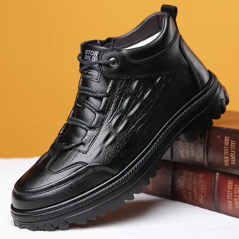 Men Winter Warm Fleece Lined Boots Black Crocodile Pattern Leather Shoes Side Zipper Non-slip Rubber Sole Casual Ankle Boots