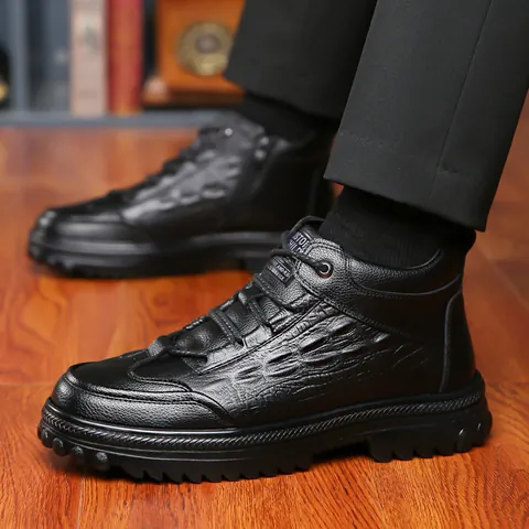 Men Winter Warm Fleece Lined Boots Black Crocodile Pattern Leather Shoes Side Zipper Non-slip Rubber Sole Casual Ankle Boots