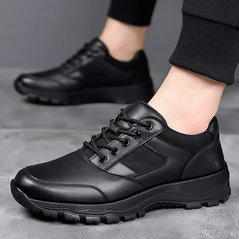 Men's Casual Cow Split Leather Shoes Black Thick Sole Non-Slip Warm Fleece Lined Winter Work Shoes Lace-Up Comfortable Men's Footwear