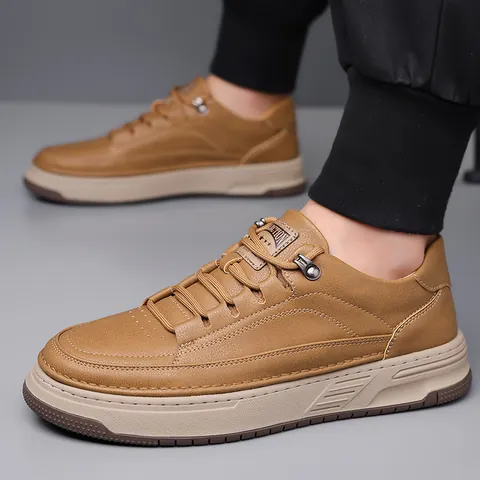 Men Vintage Casual Board Shoes Genuine Cowhide Thick Sole Anti-Slip Low Top Sneakers Fashion Versatile Everyday Footwear For Male