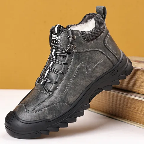 Men's Winter Snow Boots With Wool Lining Warm Split Leather High-Top Boots Non-Slip Rubber Sole Side Zipper Outdoor Shoes
