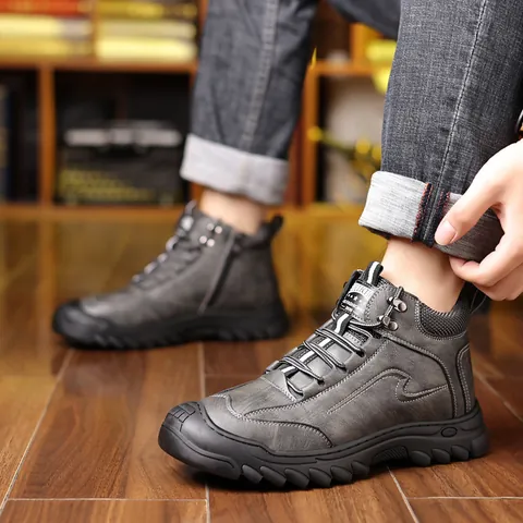 Men's Winter Snow Boots With Wool Lining Warm Split Leather High-Top Boots Non-Slip Rubber Sole Side Zipper Outdoor Shoes