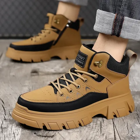 Men's Outdoor High Top Martin Boots Cowhide Thick Sole Anti Slip Warm Velvet Lining Winter Work Hiking Shoes Side Zipper
