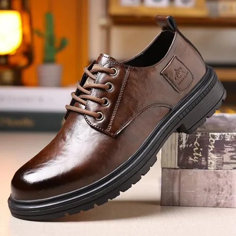 Men Business Leather Shoes British Style Split Cowhide Lace Up Non Slip Thick Sole Formal Derby Shoes For Wedding Office