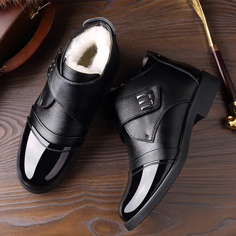 Botas de Negocios de Piel de Vaca para Hombre Forradas de Vellón Engrosadas Cálidas Botas de Nieve Suela de Goma Antideslizante Zapatos de Cuero Casuales