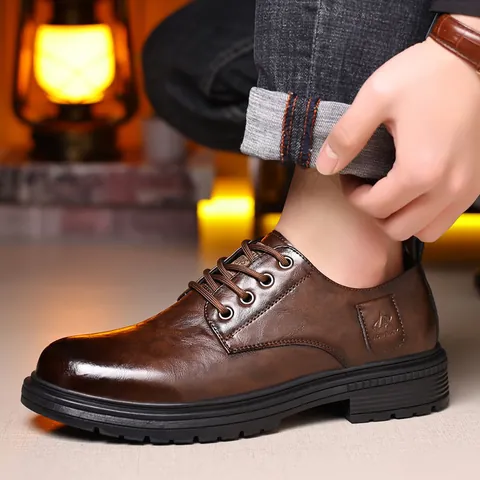 Men Business Leather Shoes British Style Split Cowhide Lace Up Non Slip Thick Sole Formal Derby Shoes For Wedding Office