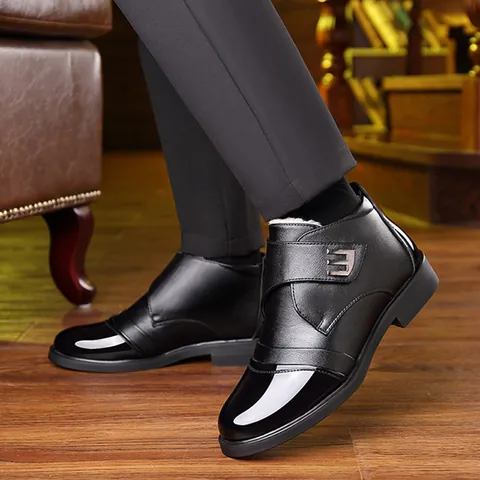 Botas de Negocios de Piel de Vaca para Hombre Forradas de Vellón Engrosadas Cálidas Botas de Nieve Suela de Goma Antideslizante Zapatos de Cuero Casuales
