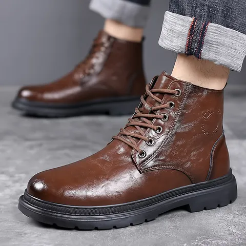 Men British Style Split Leather Martin Boots Waterproof Non-Slip Fleece Lined Winter Work Boots High Top Casual Shoes