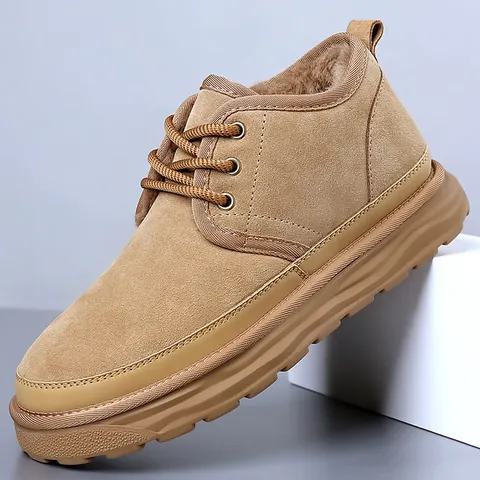 Men's Winter Snow Boots Suede Leather Artificial Plush Lined Thick Sole Anti-Slip Warm Outdoor Casual Lace-Up High Top Shoes