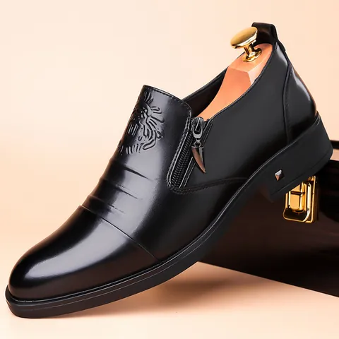 Men's Formal Business Leather Shoes With Lion Head Relief Side Zipper Pointed Toe Non-Slip Casual British Dress Boots