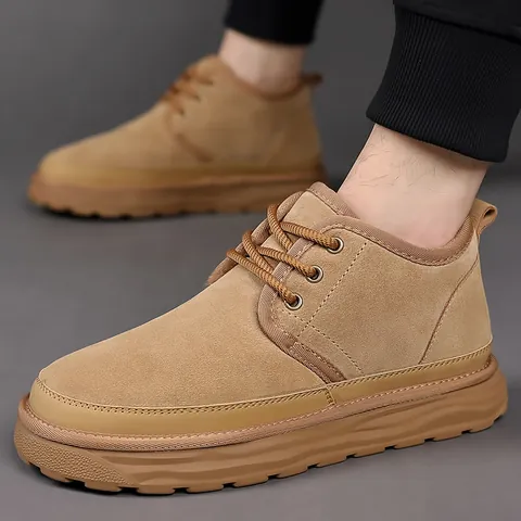 Men's Winter Snow Boots Suede Leather Artificial Plush Lined Thick Sole Anti-Slip Warm Outdoor Casual Lace-Up High Top Shoes