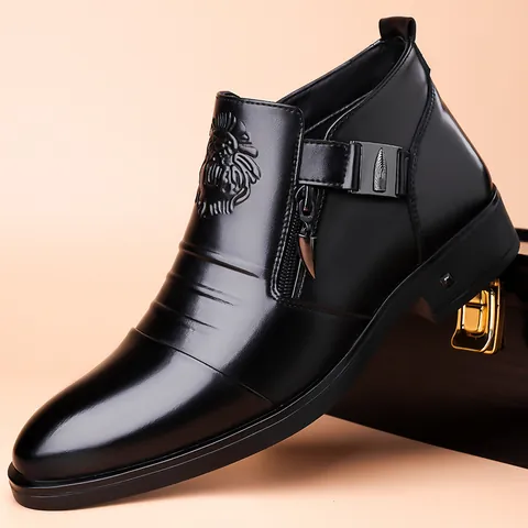 Men's Formal Business Leather Shoes With Lion Head Relief Side Zipper Pointed Toe Non-Slip Casual British Dress Boots