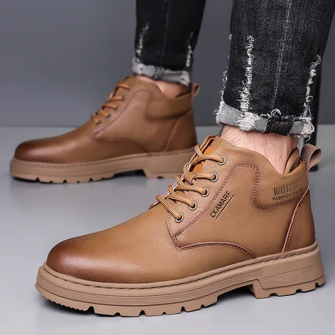 Bottines Martin pour Hommes Style Britannique Bottes de Travail Antidérapantes en Cuir Décontractées Lacets Hiver