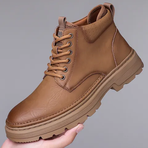 Men's Vintage Martin Boots Cow Split Leather Lace Up Winter Warm Faux Fur Lining Non-slip Thick Rubber Sole Outdoor Casual Ankle Boots