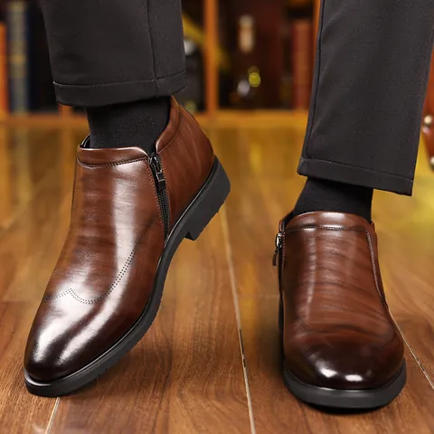 Botas de Negocios de Cuero de Invierno para Hombre Forradas de Piel Sintética Zapatos de Vestir Cálidos Tallado Brogue Cremallera Lateral Suela de Goma Antideslizante Botines Casuales