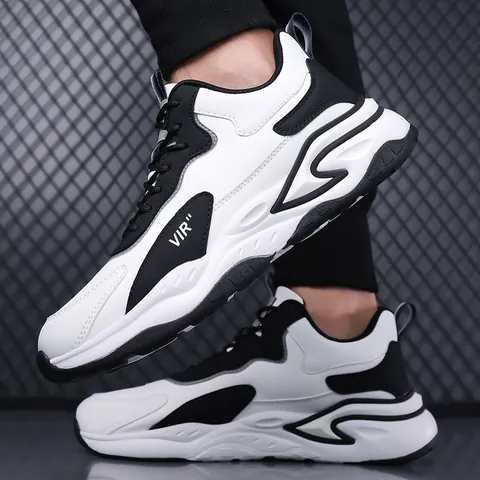 Baskets de Mode pour Hommes Cuir Microfibre Maille Semelle Épaisse Respirante Chaussures de Course Décontractées Sportives Tige Basse