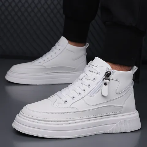 Sneakers Casual High-Top da Uomo Cerniera Laterale Suola Spessa Foderata in Pile Scarpe Invernali Calde Scarpe da Skate Nere Bianche