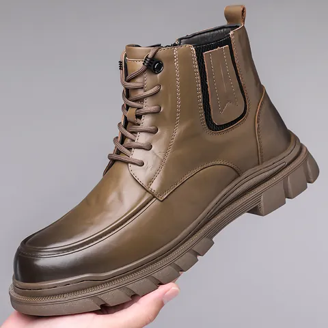 Men British Retro Cowhide Martin Boots Winter Warm Wool Lining Waterproof Non-slip Side Zipper Outdoor Mid-tube Snow Boots