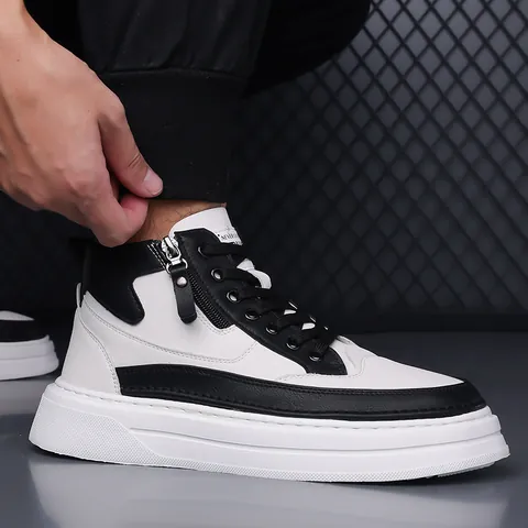 Sneakers Casual High-Top da Uomo Cerniera Laterale Suola Spessa Foderata in Pile Scarpe Invernali Calde Scarpe da Skate Nere Bianche