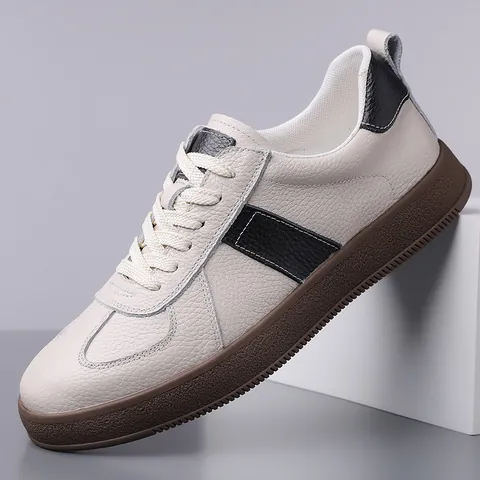 Men Cowhide Leather Sneakers Casual GAT Style Lightweight Breathable Board Shoes Retro Soft Sole Contrast Color Low Top Shoes