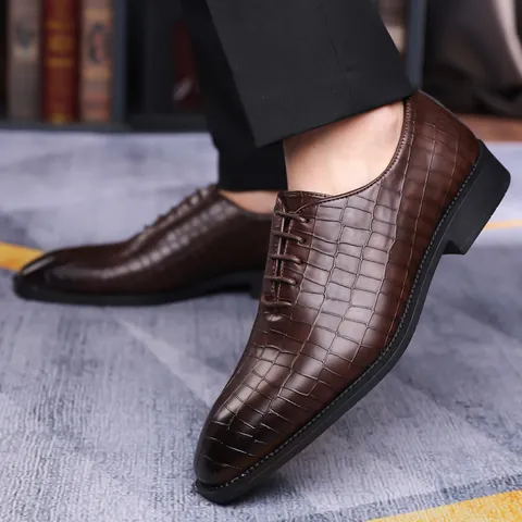 Men Business Dress Shoes Crocodile Embossed Leather Oxford Derby Style Lace Up Non-slip Rubber Sole Formal Office Shoes