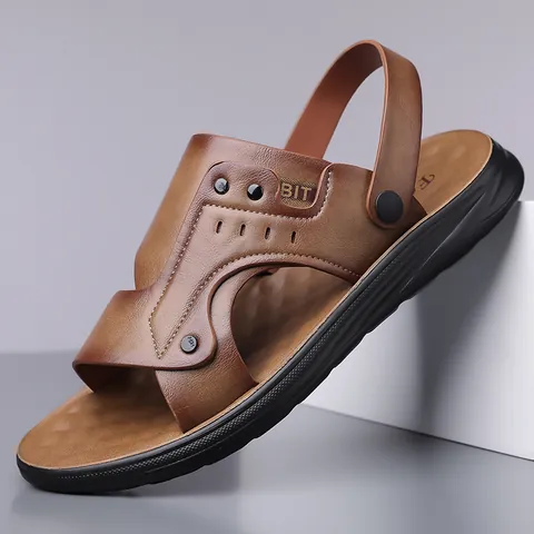 Herren Casual Premium Rindsleder Sandalen Atmungsaktiv Rutschfest Outdoor Strandschuhe Dual Use Sandalen Slipper Mode Herren Schuhe