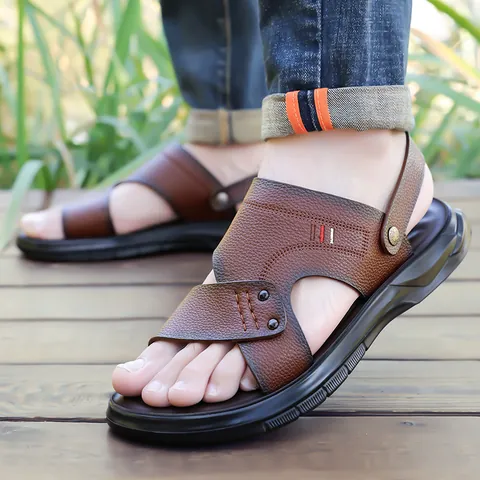 Herren Rindsleder Sandalen Sommer Strandschuhe Rutschfest Weiche Sohle Casual Dual-Use Hausschuhe Outdoor Atmungsaktiv Fahrschuhe