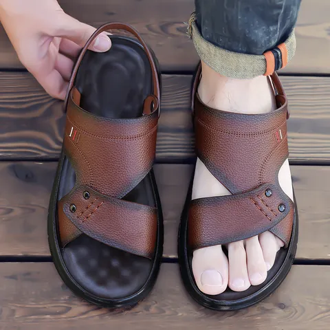 Herren Rindsleder Sandalen Sommer Strandschuhe Rutschfest Weiche Sohle Casual Dual-Use Hausschuhe Outdoor Atmungsaktiv Fahrschuhe