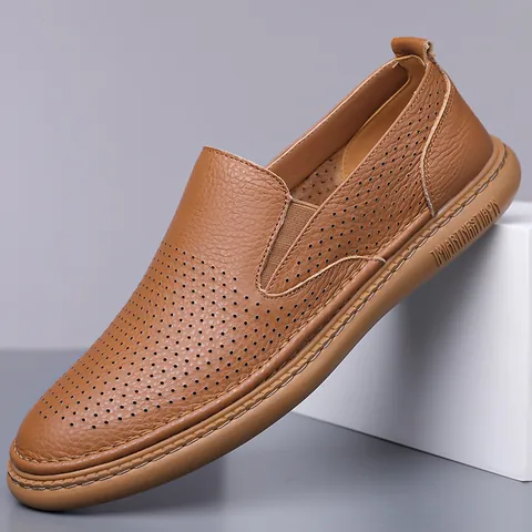 Mocassini Casual da Uomo in Pelle di Vacchetta Primo Strato Traforati Slip On Scarpe da Guida Suola in Gomma Morbida Antiscivolo