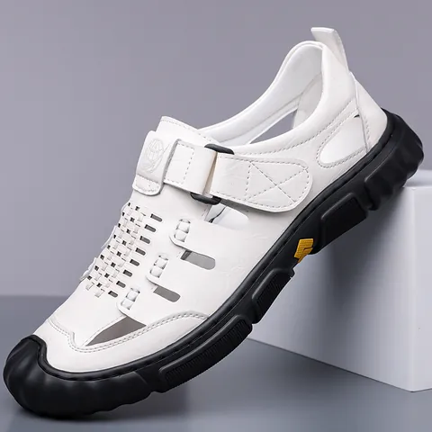 Sandalias de Cuero de Vaca para Hombre Business Casual Verano Calado Transpirable Punta Cerrada Velcro Antideslizante Zapatos de Playa