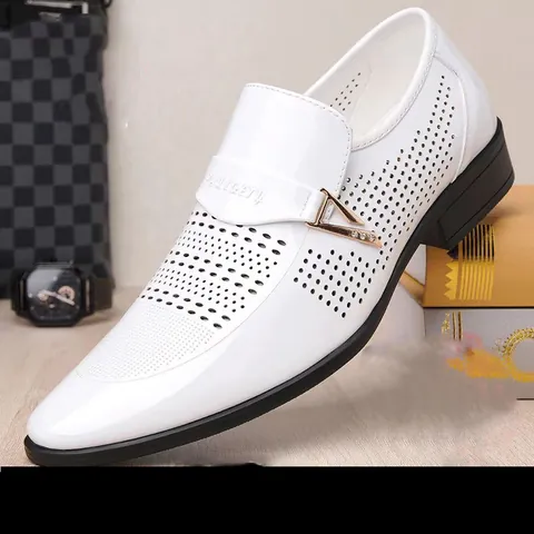 Men's Cowhide Business Leather Shoes Breathable Hollow-out Perforated Pointed Toe Loafers British Style Patent Leather Formal Shoes