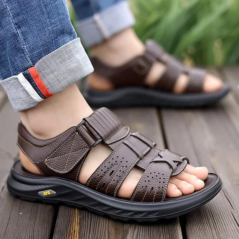 Sandalias de Cuero de Vaca de Primera Capa para Hombre Transpirable Zapatos de Playa Con Correa de Velcro Suela Blanda