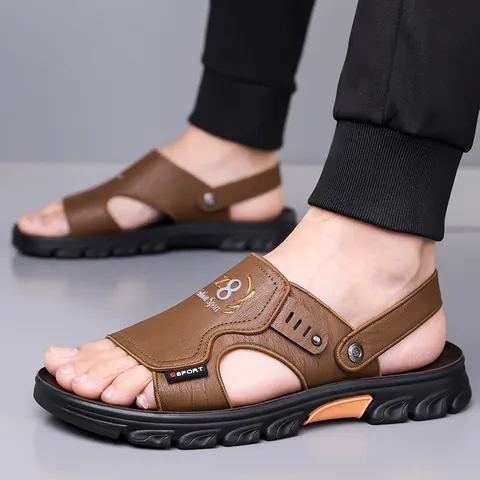 Herren Premium Rindsleder Sandalen Zwei-Wege Outdoor Strandschuhe Atmungsaktiv Rutschfest Lässig Weiche Sohle Sportliche Slipper