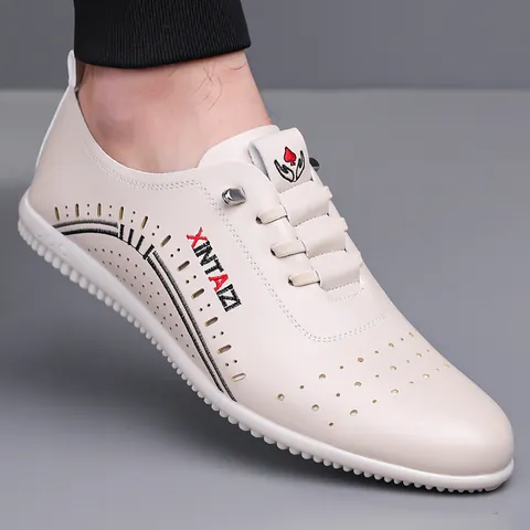 Men's Casual Hollow Out Cattle Leather Loafers Breathable Non-Slip Driving Shoes Soft Sole Summer Business Casual Slip-On