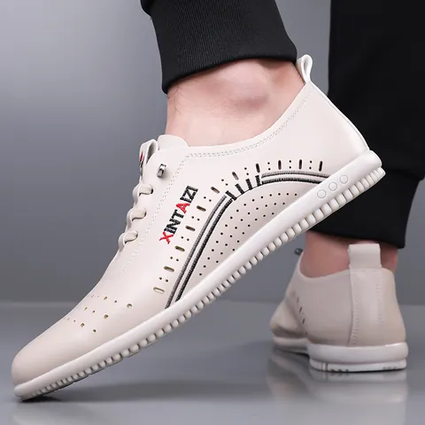 Men's Casual Hollow Out Cattle Leather Loafers Breathable Non-Slip Driving Shoes Soft Sole Summer Business Casual Slip-On