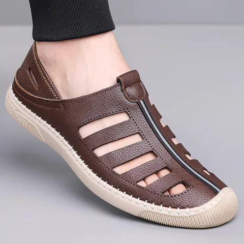 Herren Casual Rindsleder Hohl Sandalen Sommer Atmungsaktiv Slipper Weiche Sohle Handgenäht Rutschfest Fahrerschuhe