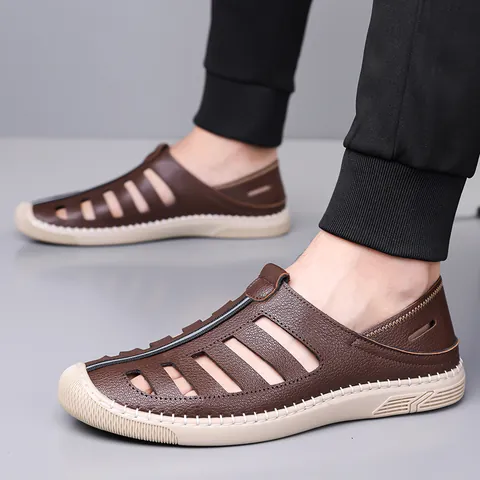 Herren Casual Rindsleder Hohl Sandalen Sommer Atmungsaktiv Slipper Weiche Sohle Handgenäht Rutschfest Fahrerschuhe
