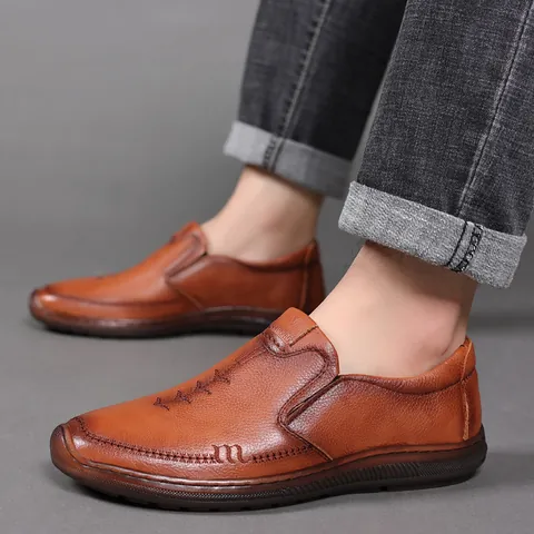 Men Business Casual First Layer Cowhide Loafers Slip-on Driving Shoes Non-slip Soft Sole Black Brown Pigskin Lining
