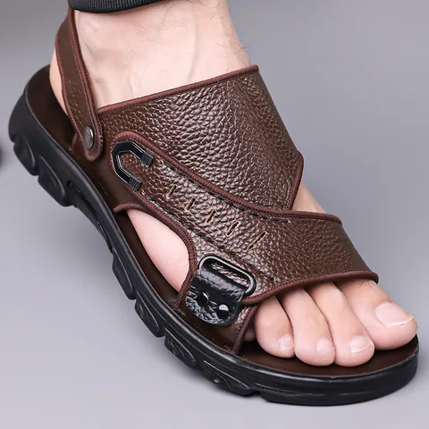 Herren Erstschicht Rindsleder Sandalen Casual Sommer Outdoor Strand Schuhe Weiche Sohle Rutschfest Atmungsaktiv Doppelnutzung Hausschuhe