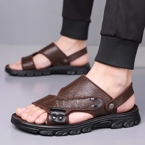 Herren Erstschicht Rindsleder Sandalen Casual Sommer Outdoor Strand Schuhe Weiche Sohle Rutschfest Atmungsaktiv Doppelnutzung Hausschuhe