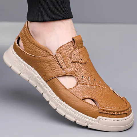 Herren Rindsleder Sandalen Ausschnitt Atmungsaktiv Slipper Strand Schuhe Sommer Lässig Weiche Sohle Outdoor Wandern Schuhe