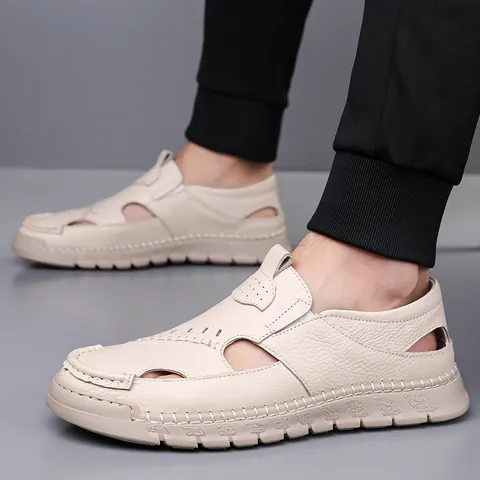 Herren Rindsleder Sandalen Ausschnitt Atmungsaktiv Slipper Strand Schuhe Sommer Lässig Weiche Sohle Outdoor Wandern Schuhe